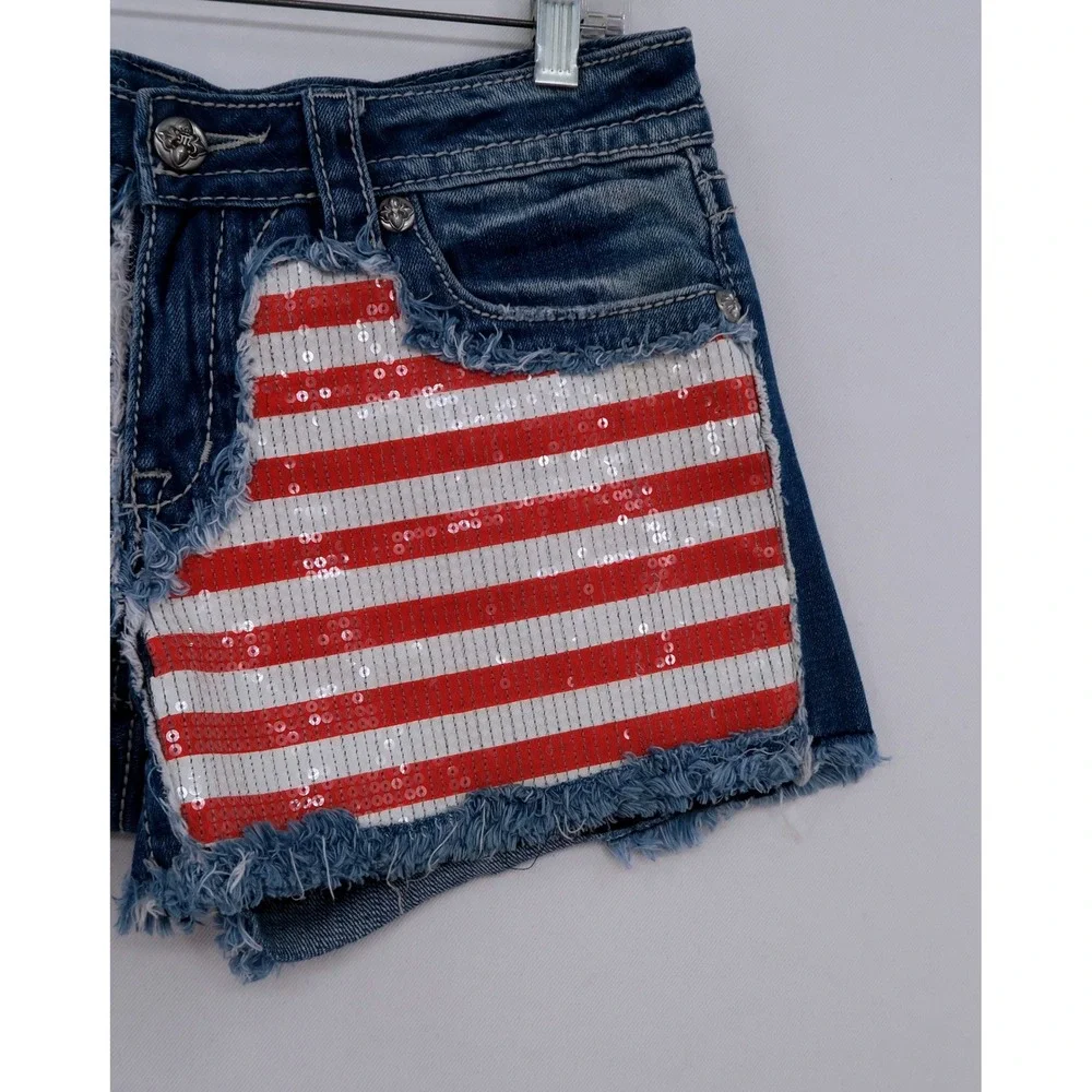 Miss Me Signature Americana Sequin Flag Denim Shorts Blue 29